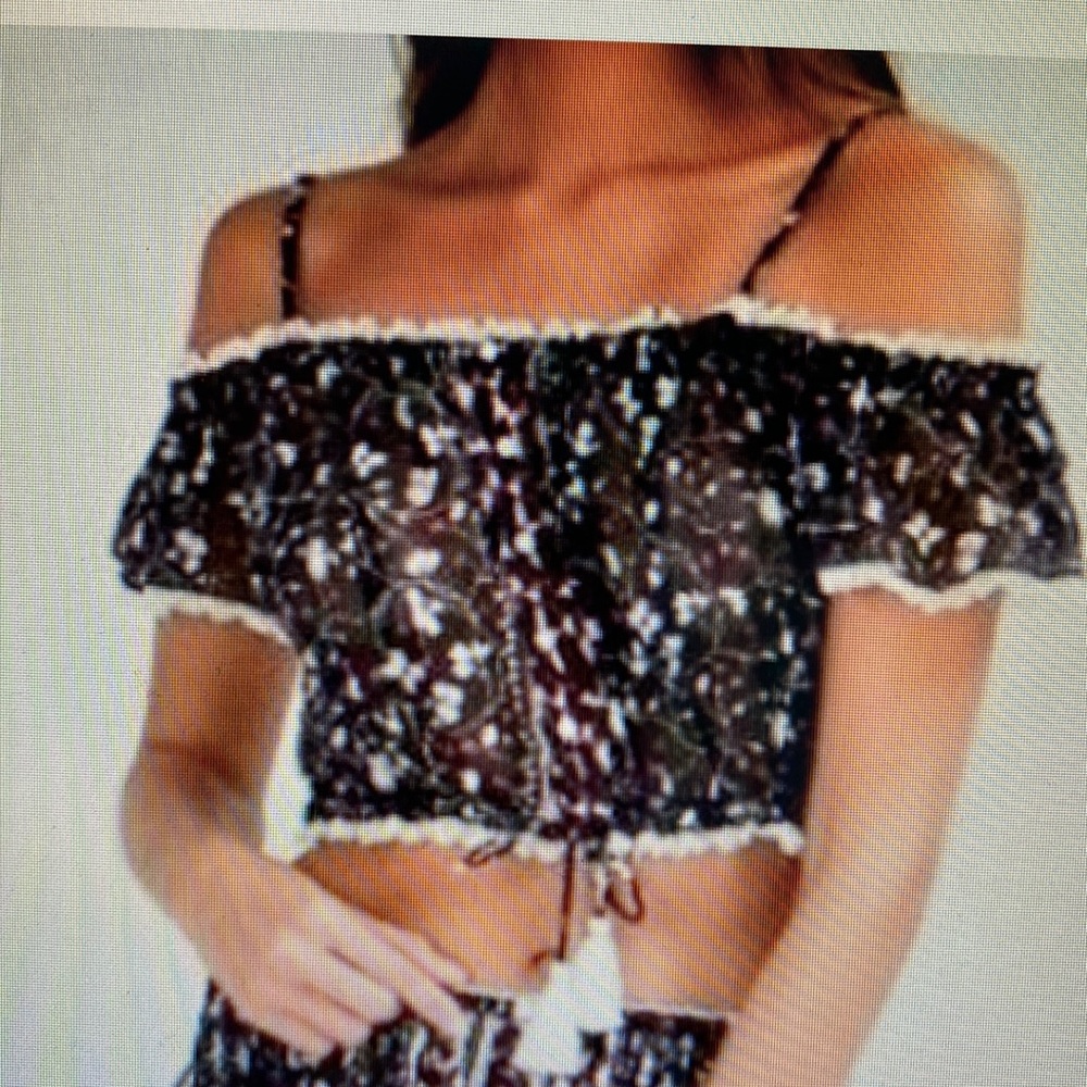 Poupette St. Barth Blue Cold Shoulder Crop Top W/Tassels - Picture 2 of 12